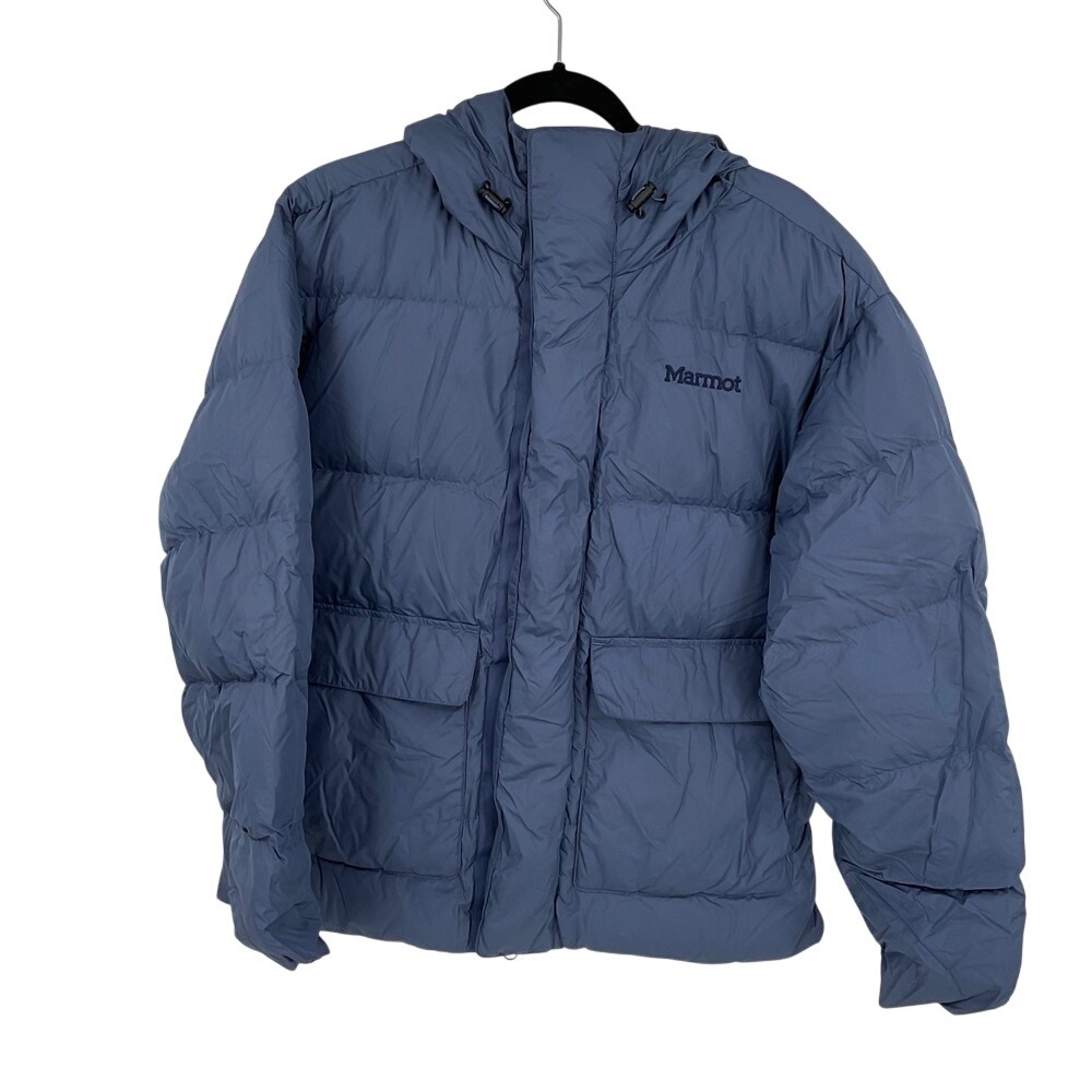 Marmot Stockholm Jacket Mens Small Storm Blue Down Puffer Hooded Coat M14607-134